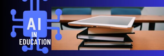 graphic of AI in education with books and tablet