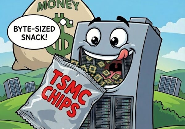 Cartoon of an AI data centre with a bag of TSMC computer chips saying 'byte-sized snack' even as an enormous bag of money goes up in flames in the background. Blue skies and other data centres form rest of the background.