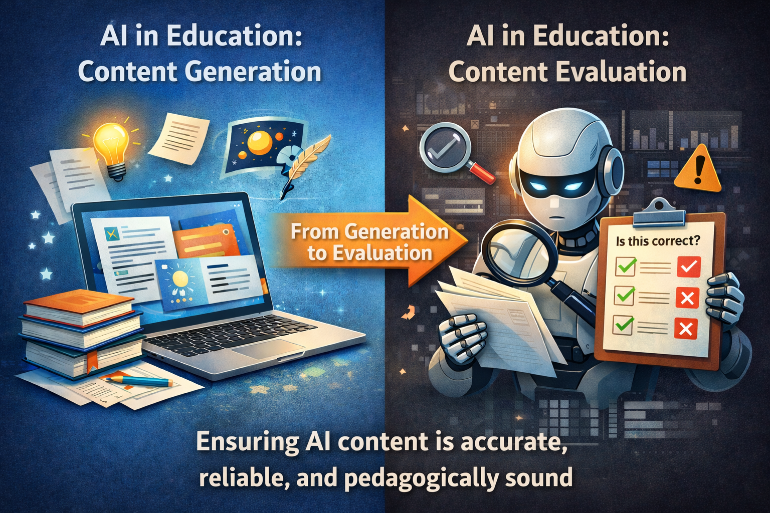 A split illustration showing the evolution of AI in education: on the left, a laptop surrounded by books and notes represents content generation; on the right, a robot reviews documents with a magnifying glass and checklist, symbolizing content evaluation. A central arrow highlights the shift from generating materials to ensuring their accuracy and quality.