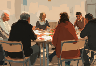 An AI-created sketch of people round a table discussing