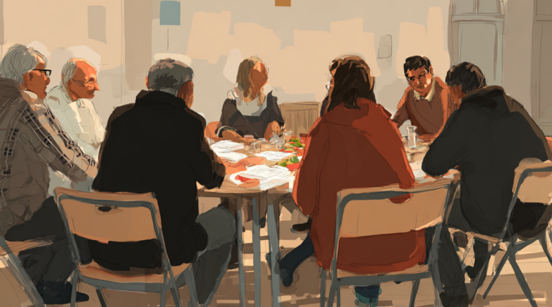 An AI-created sketch of people round a table discussing