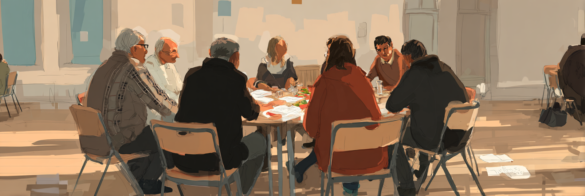 An AI-created sketch of people round a table discussing
