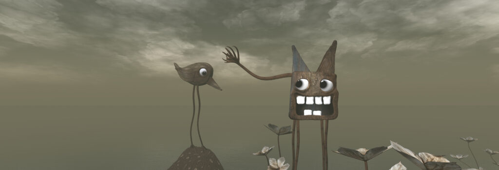 Sculptures of a strange one armed cat head reaching towards a strange bird by artist Cica Ghost, photo by Sheila Webber taken in Second Life