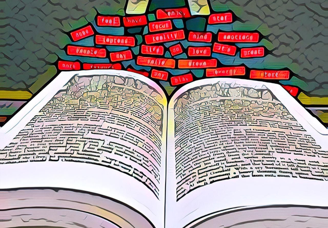 A black keyboard at the bottom of the picture has an open book on it, with red words in labels floating on top, with a letter A balanced on top of them. The perspective makes the composition form a kind of triangle from the keyboard to the capital A. The AI filter makes it look like a messy, with a kind of cartoon style.