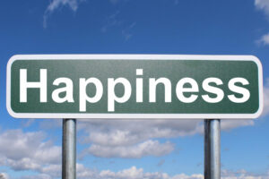 A picture of a highway sign with white letters on a green background spelling happiness against a blue skyKeywords: happiness, Highway Sign