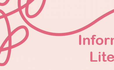 Dark pink string on a pale pink background and the words Information Literacy and Future