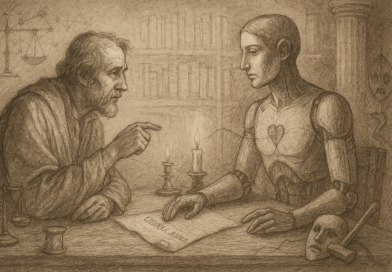 A sepia, pencil-style drawing of an elderly bearded scholar and a humanlike machine seated across a candlelit table, facing each other in conversation. The scholar gestures with one hand; the machine, with visible mechanical joints and a heart drawn on its chest, rests its hands on a document lying between them. Bookshelves fill the background, and a set of scales, an hourglass, and a theatre mask surround the scene.