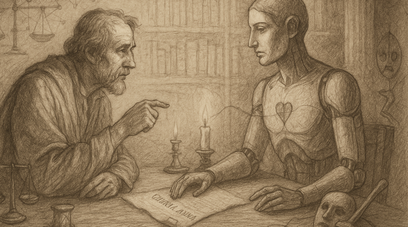 A sepia, pencil-style drawing of an elderly bearded scholar and a humanlike machine seated across a candlelit table, facing each other in conversation. The scholar gestures with one hand; the machine, with visible mechanical joints and a heart drawn on its chest, rests its hands on a document lying between them. Bookshelves fill the background, and a set of scales, an hourglass, and a theatre mask surround the scene.