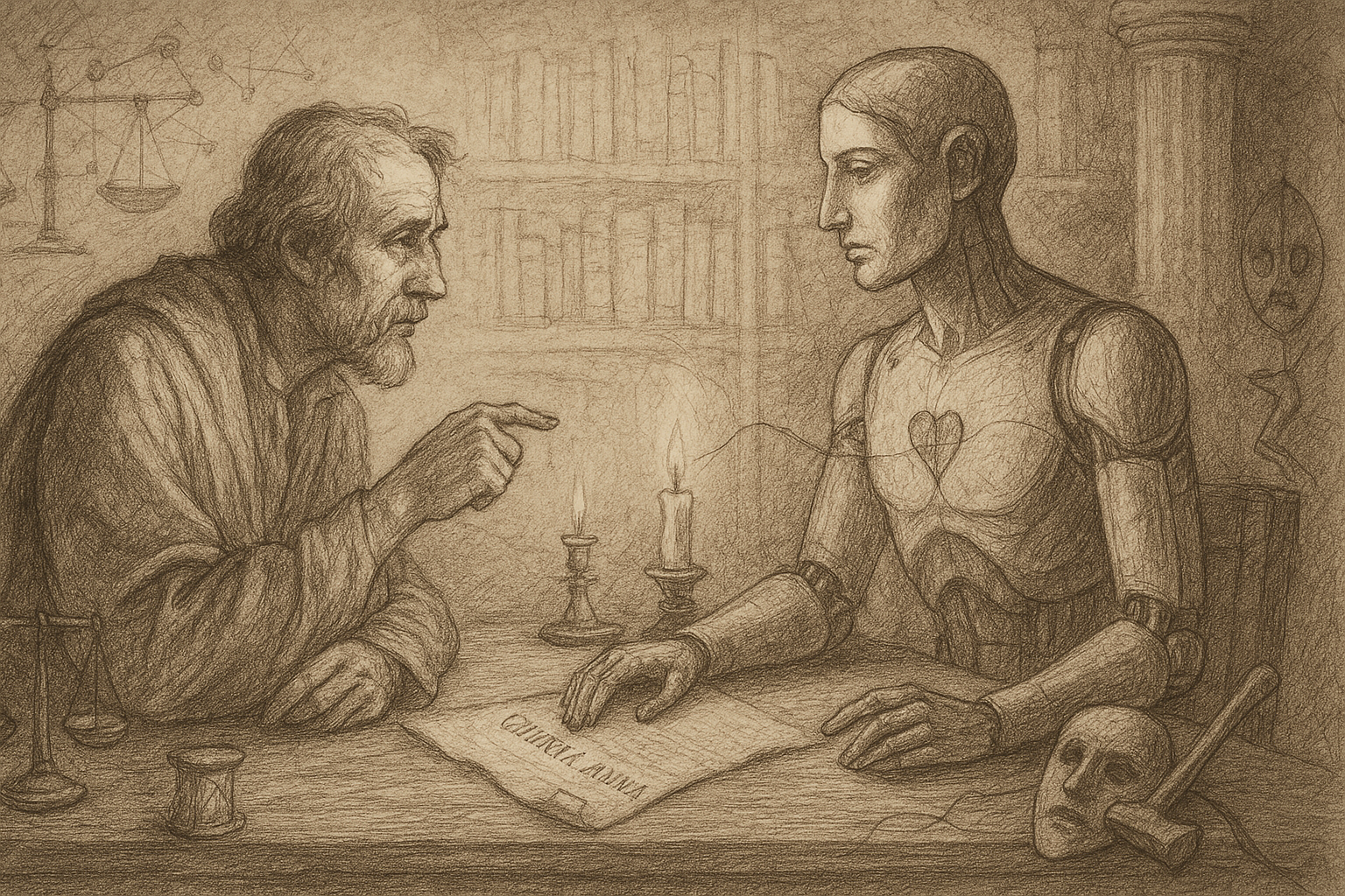 A sepia, pencil-style drawing of an elderly bearded scholar and a humanlike machine seated across a candlelit table, facing each other in conversation. The scholar gestures with one hand; the machine, with visible mechanical joints and a heart drawn on its chest, rests its hands on a document lying between them. Bookshelves fill the background, and a set of scales, an hourglass, and a theatre mask surround the scene.